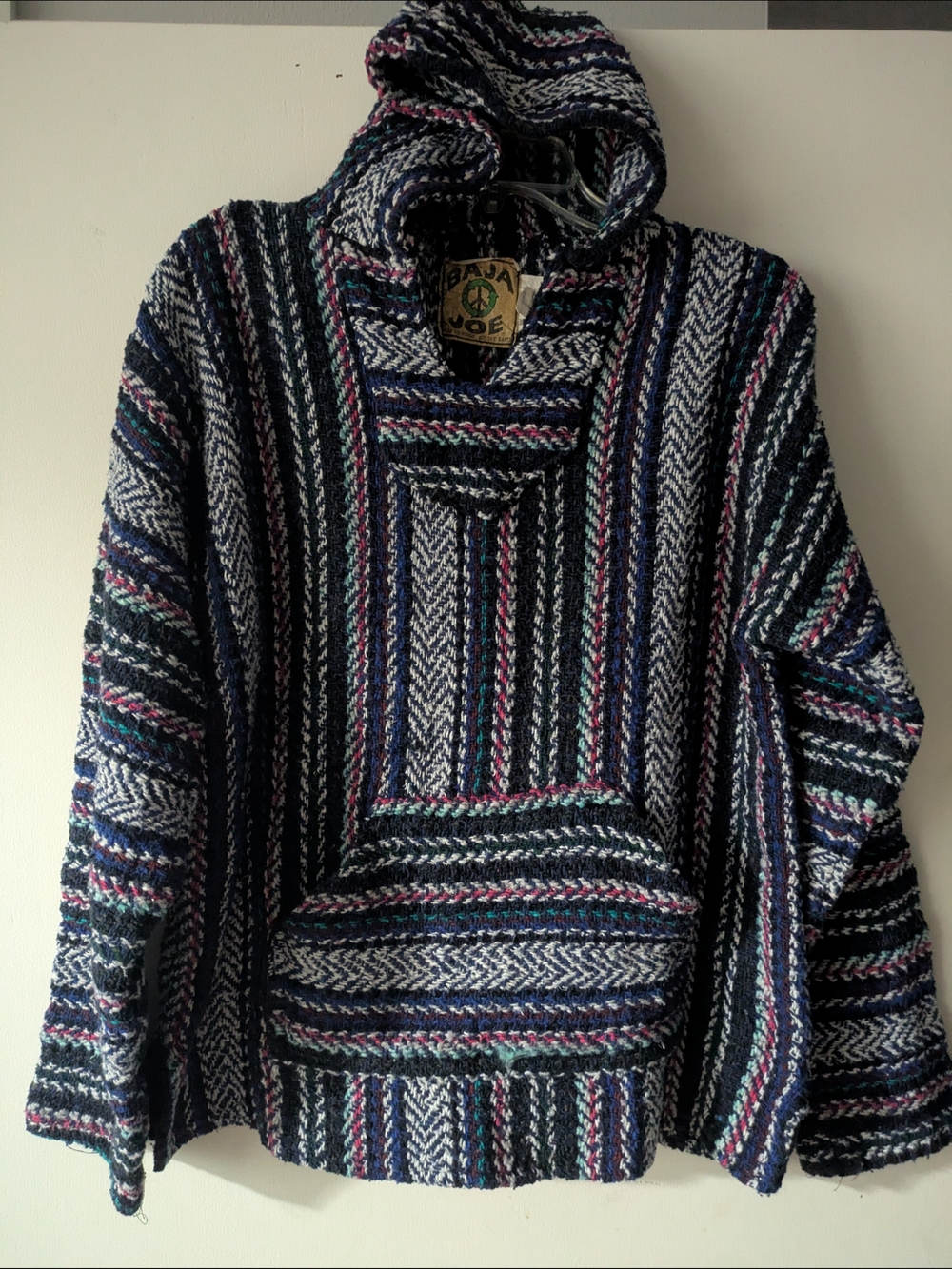 Vintage Baja Joe Men's V-Neck Baja Hoodie Sweater - Navy Multi  Large